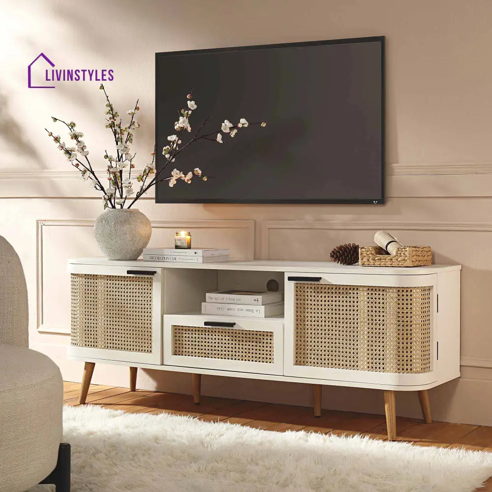 Izzy Curved Rattan 150cm TV Unit White TV Stands & Media Storage
