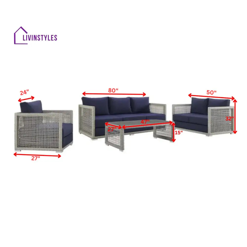 Malvolio Outdoor Set 1 Triple Seater 1 Double Seater 1 Single Seater 2 Side table and 1 Center Table (Silver) - Sofa