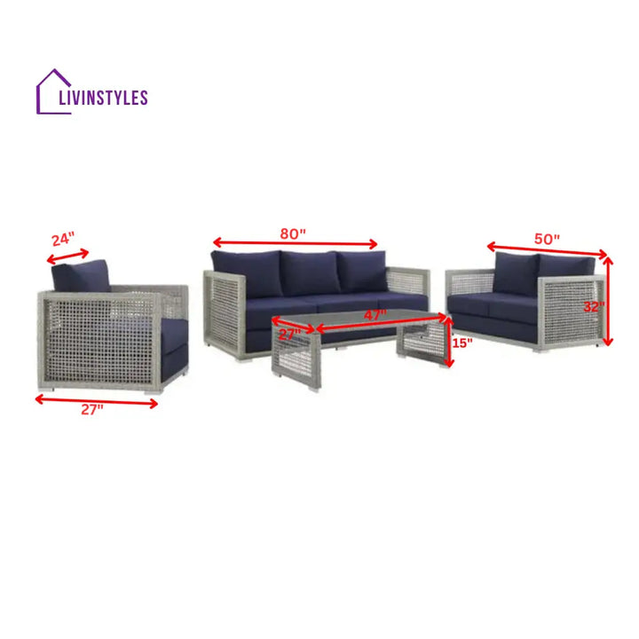 Malvolio Outdoor Set 1 Triple Seater 1 Double Seater 1 Single Seater 2 Side table and 1 Center Table (Silver) - Sofa