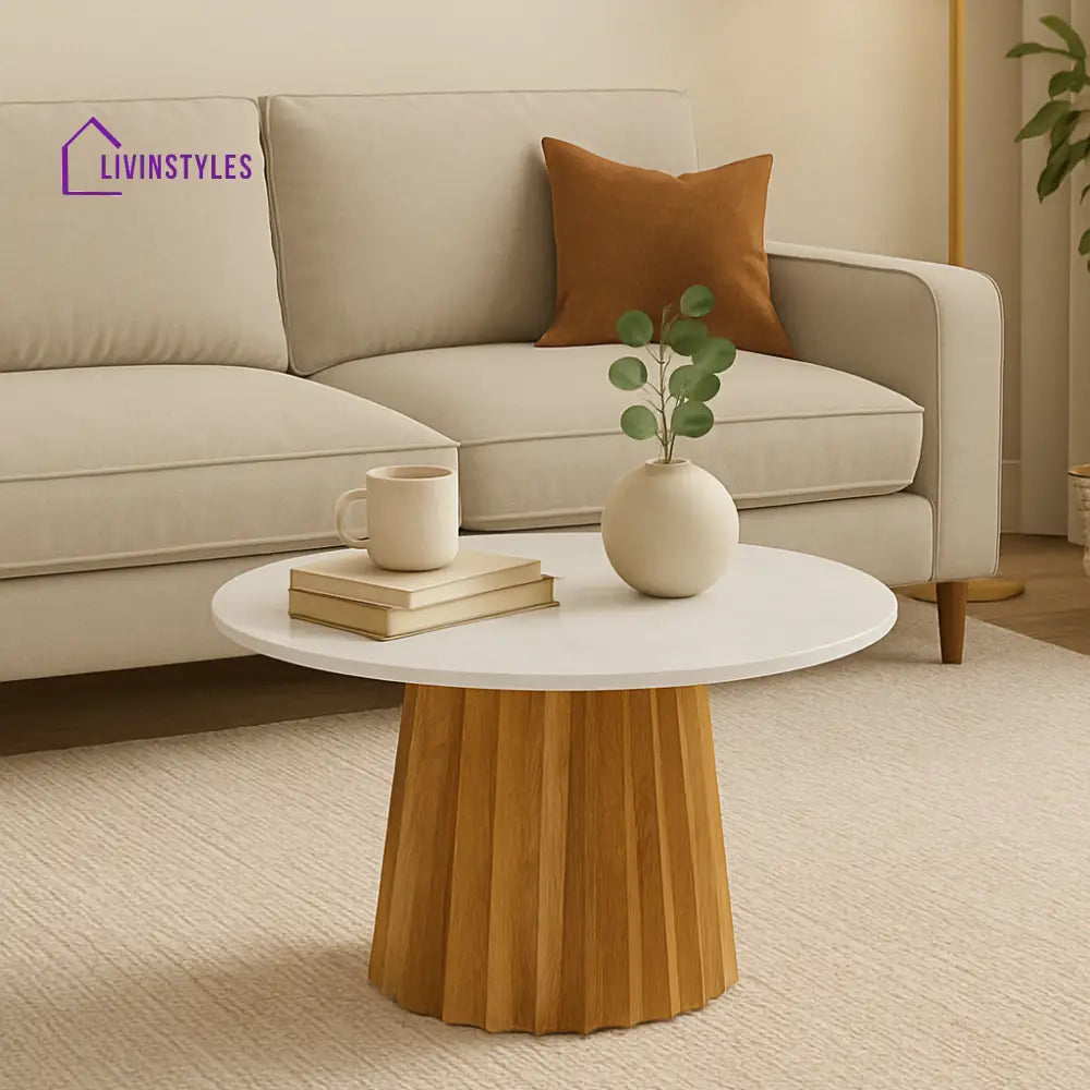Manav Mango Wood Round Coffee Table with White Marble Top Coffee Table