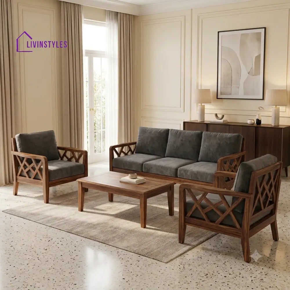 Mangaladevi Wooden Sofa Set | 3 + 1 + 1 Sheesham Wood Sofa Set for Living Room