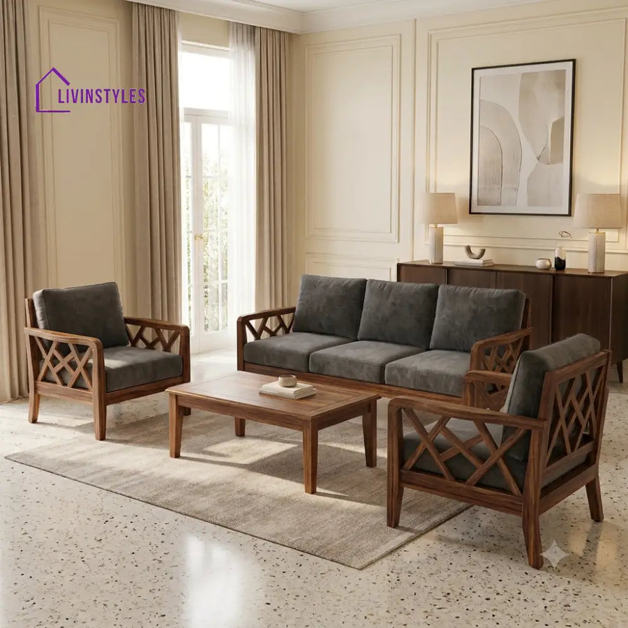 Mangaladevi Wooden Sofa Set | 3 + 1 + 1 Sheesham Wood Sofa Set for Living Room