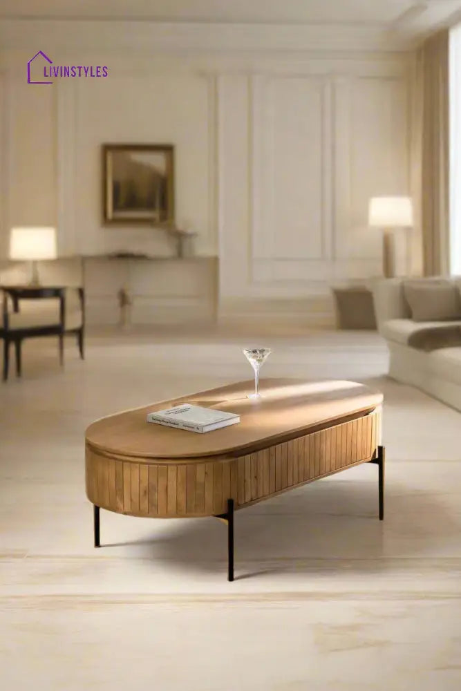 Mango Wood Coffee Table with Black Powder Coated Iron Legs (Oval Shape) Natural Finish Coffee Table