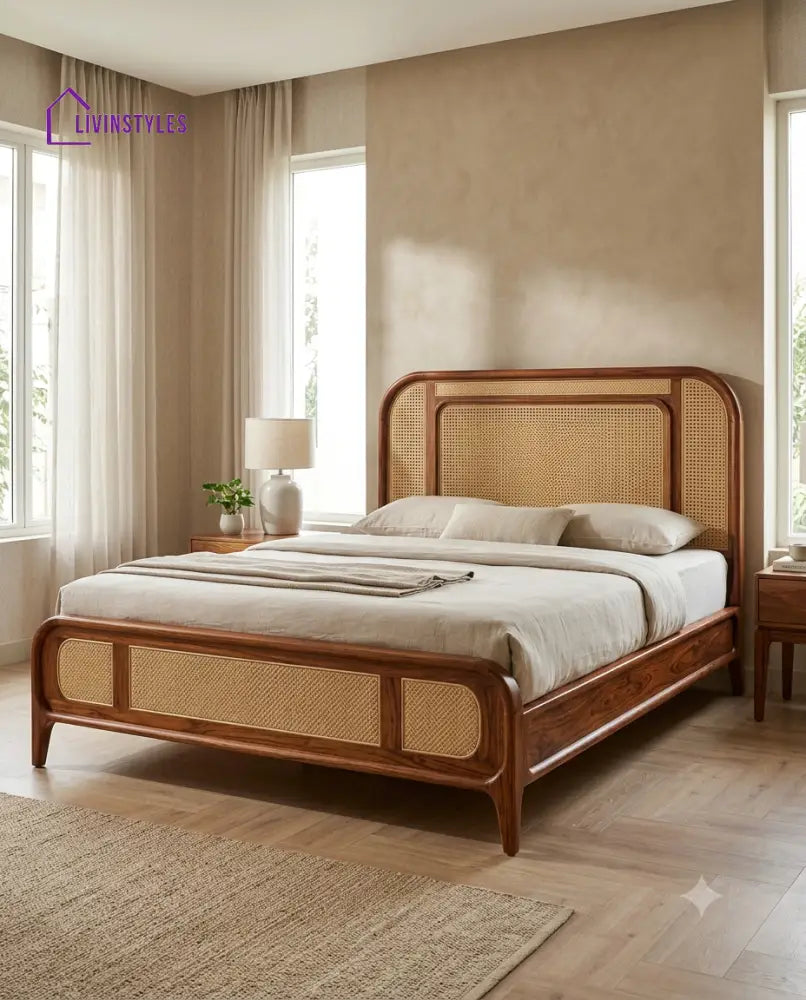 Manikandan Wooden Bed with Cane Weaving Headboard Design | Bed without Storage