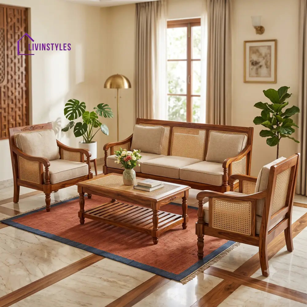 Manimegalai Wooden Sofa Set | 3 + 1 + 1 Sheesham Wood Sofa Set for Living Room