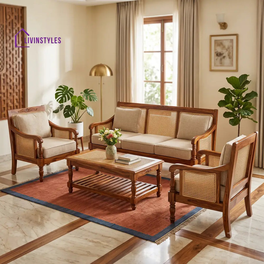 Manimegalai Wooden Sofa Set | 3 + 1 + 1 Sheesham Wood Sofa Set for Living Room
