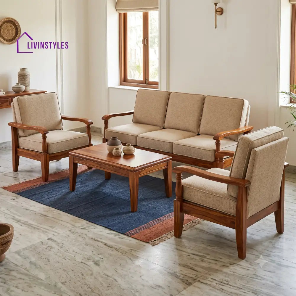 Manjula Wooden Sofa Set | 3 + 1 + 1 Sheesham Wood Sofa Set for Living Room