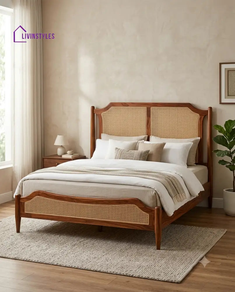 Manoj Wooden Bed with Cane Weaving Headboard Design | Bed without Storage