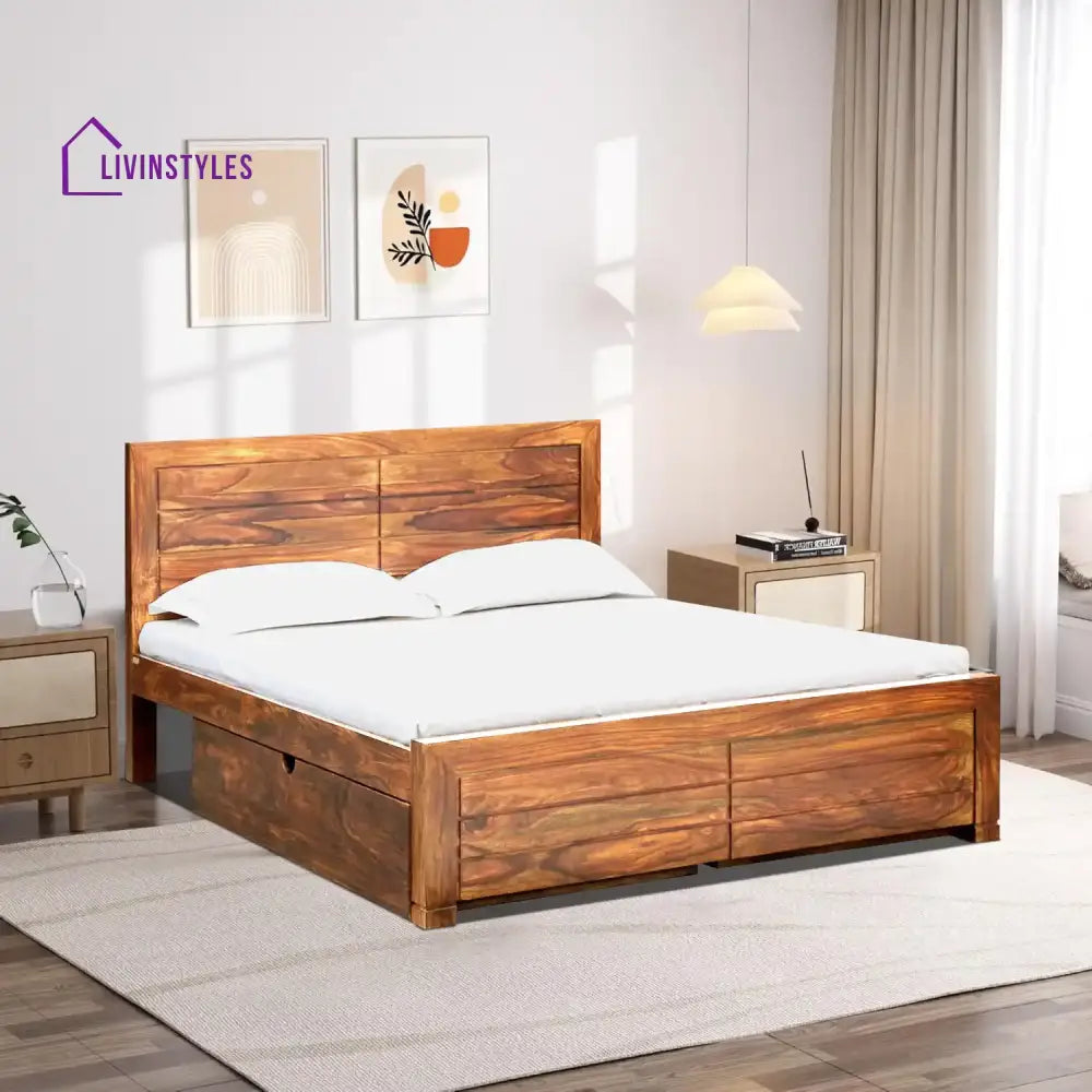 Moscow Natural Wood Storage Beds With Drawer Queen / Natural Bedroom Furniture Sets