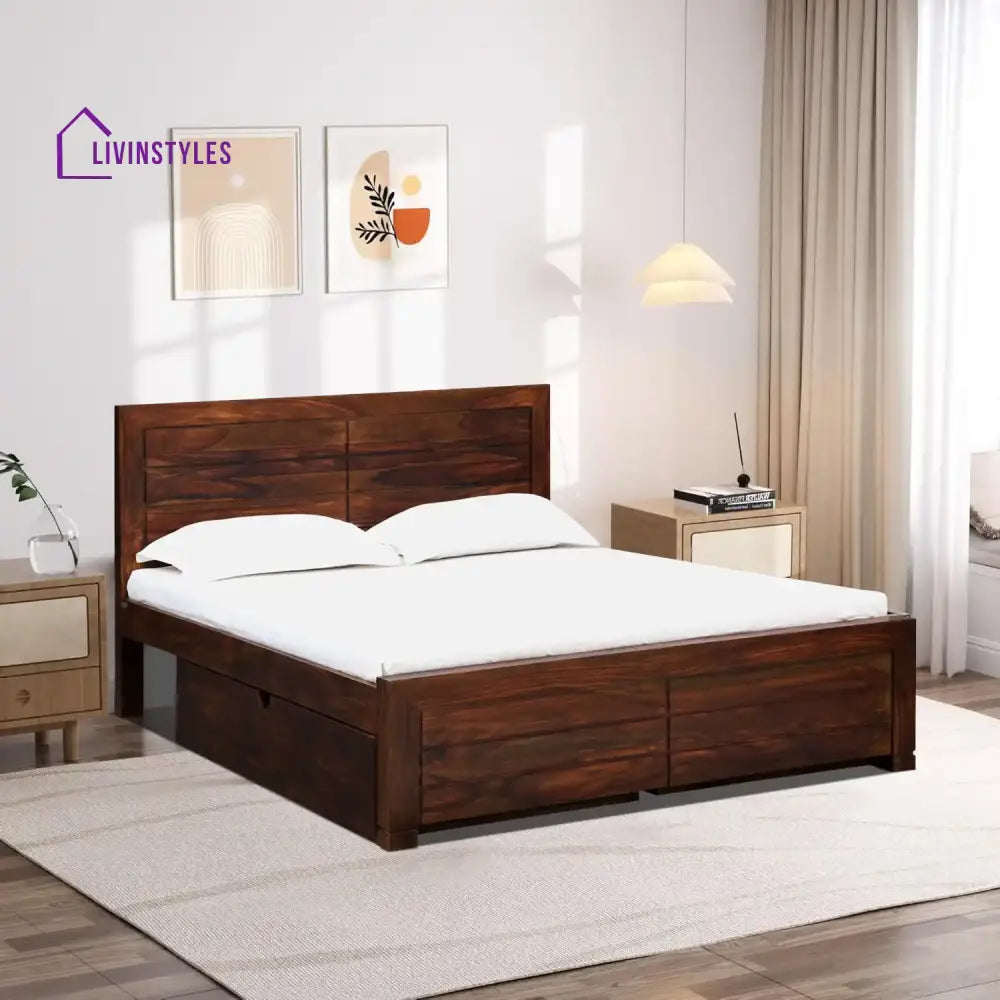 Moscow Natural Wood Storage Beds With Drawer Queen / Teak Bedroom Furniture Sets