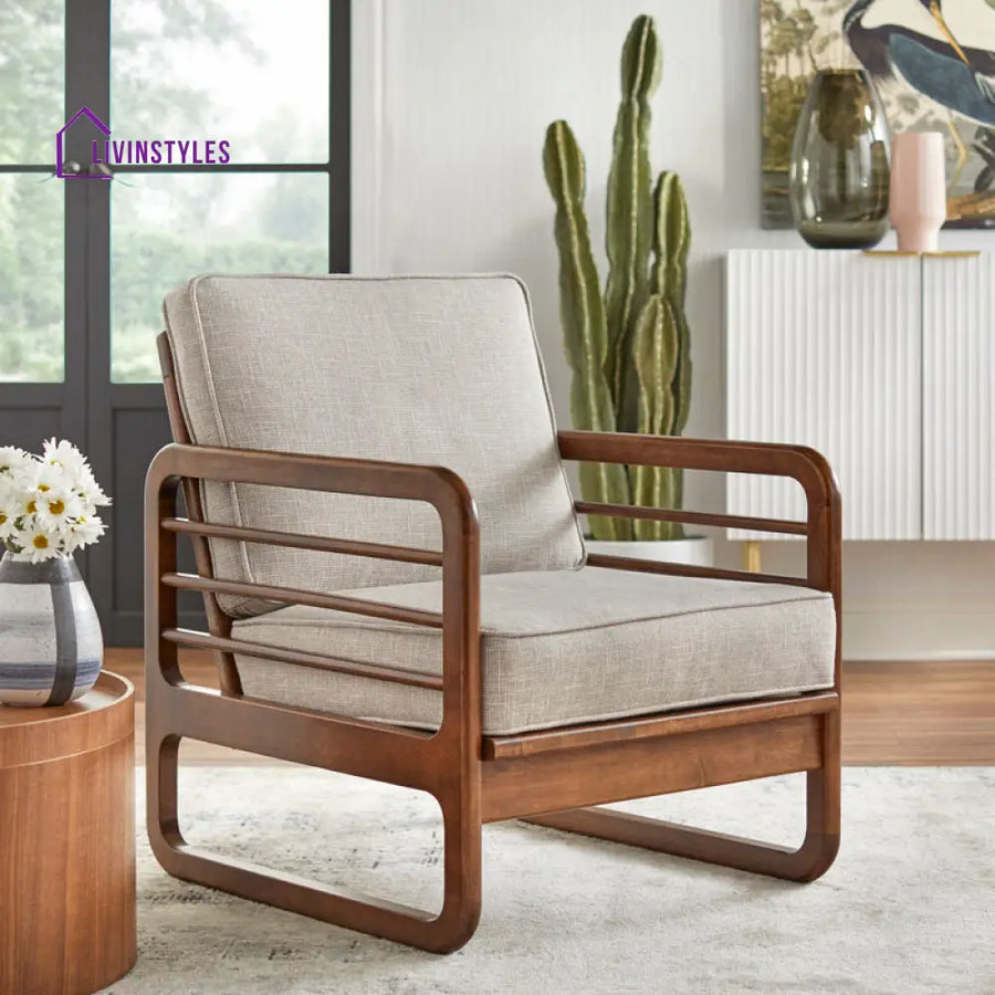 Manvika Solid Wood and Fabric Arm Chair | Living Room Chair | Lounge Chair