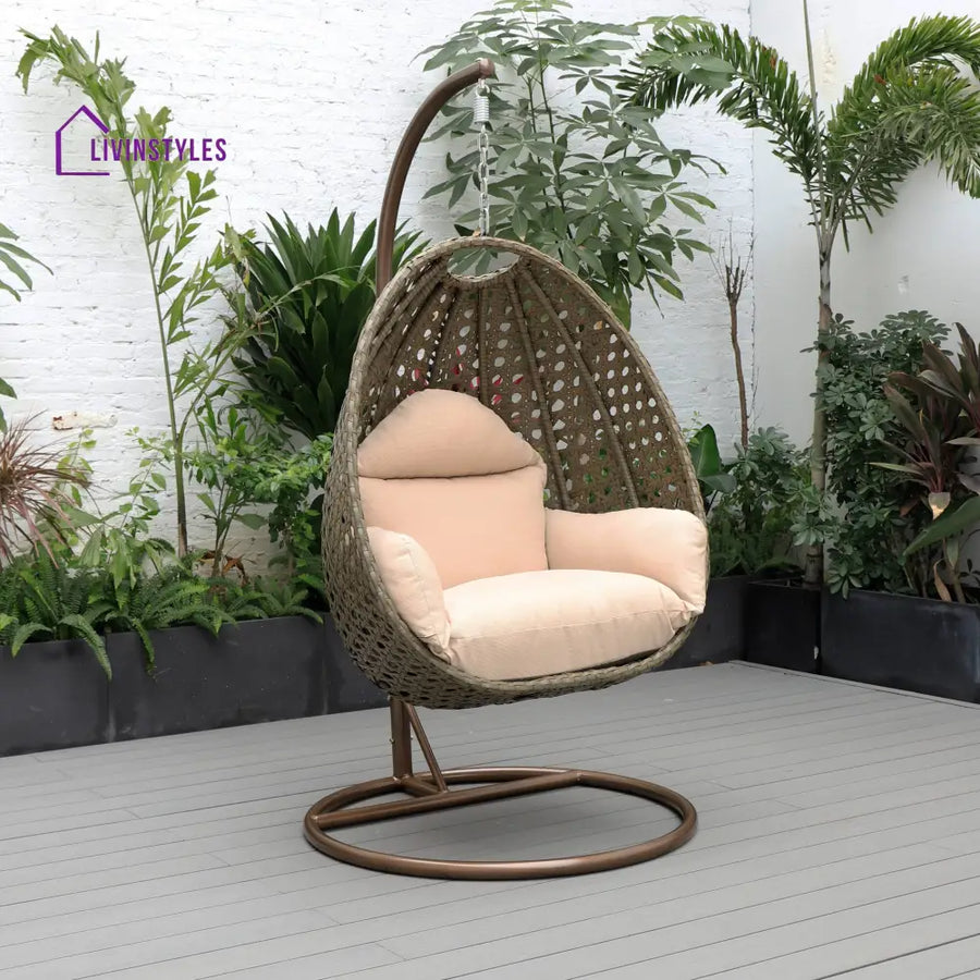 Marcello Single Seater Hanging Swing With Stand For Balcony Garden (Brown) - Beige - Swings