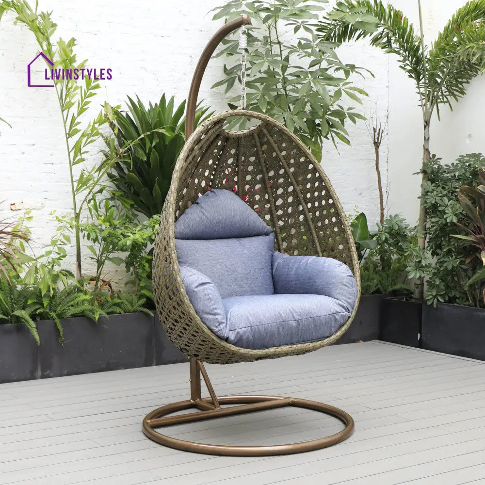 Marcello Single Seater Hanging Swing With Stand For Balcony Garden (Brown) - Charcoal Blue - Swings