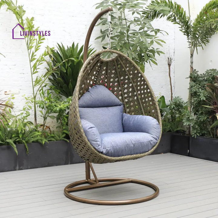 Marcello Single Seater Hanging Swing With Stand For Balcony Garden (Brown) - Charcoal Blue - Swings