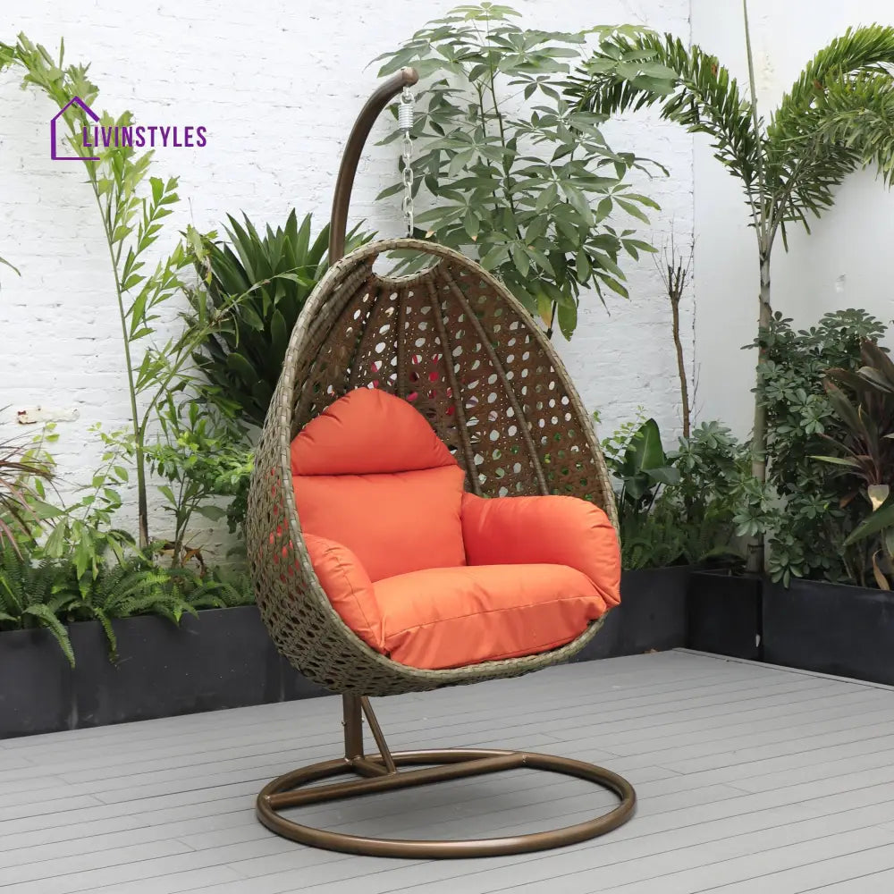 Marcello Single Seater Hanging Swing With Stand For Balcony Garden (Brown) - Orange - Swings