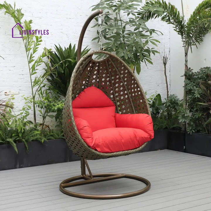 Marcello Single Seater Hanging Swing With Stand For Balcony Garden (Brown) - Red - Swings
