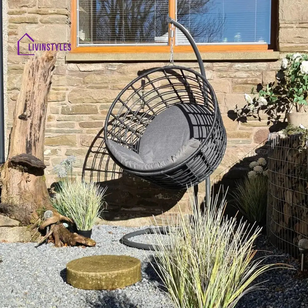 Marcello Single Seater Hanging Swing With Stand For Balcony Garden Swing (Dark Grey) - Swings
