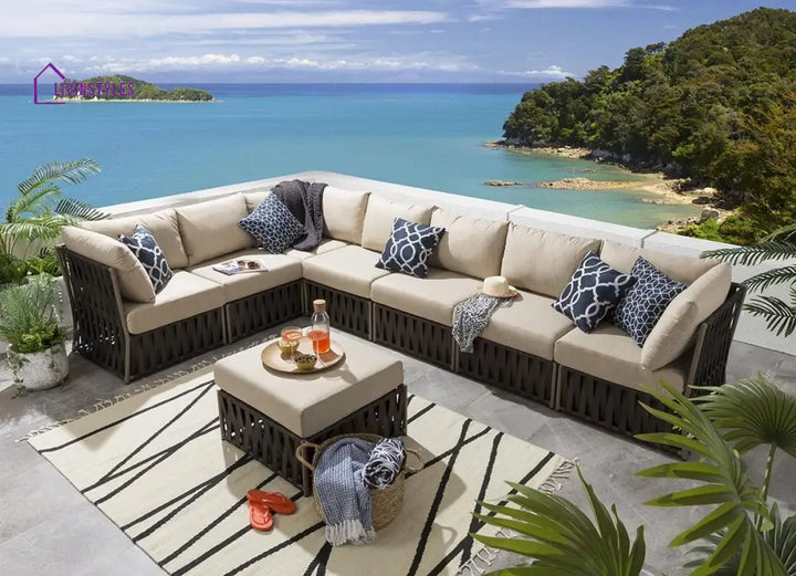 Marciel Outdoor Sofa Set 7 Seater and 1 Ottoman Set (Brown) - Sofa Sets