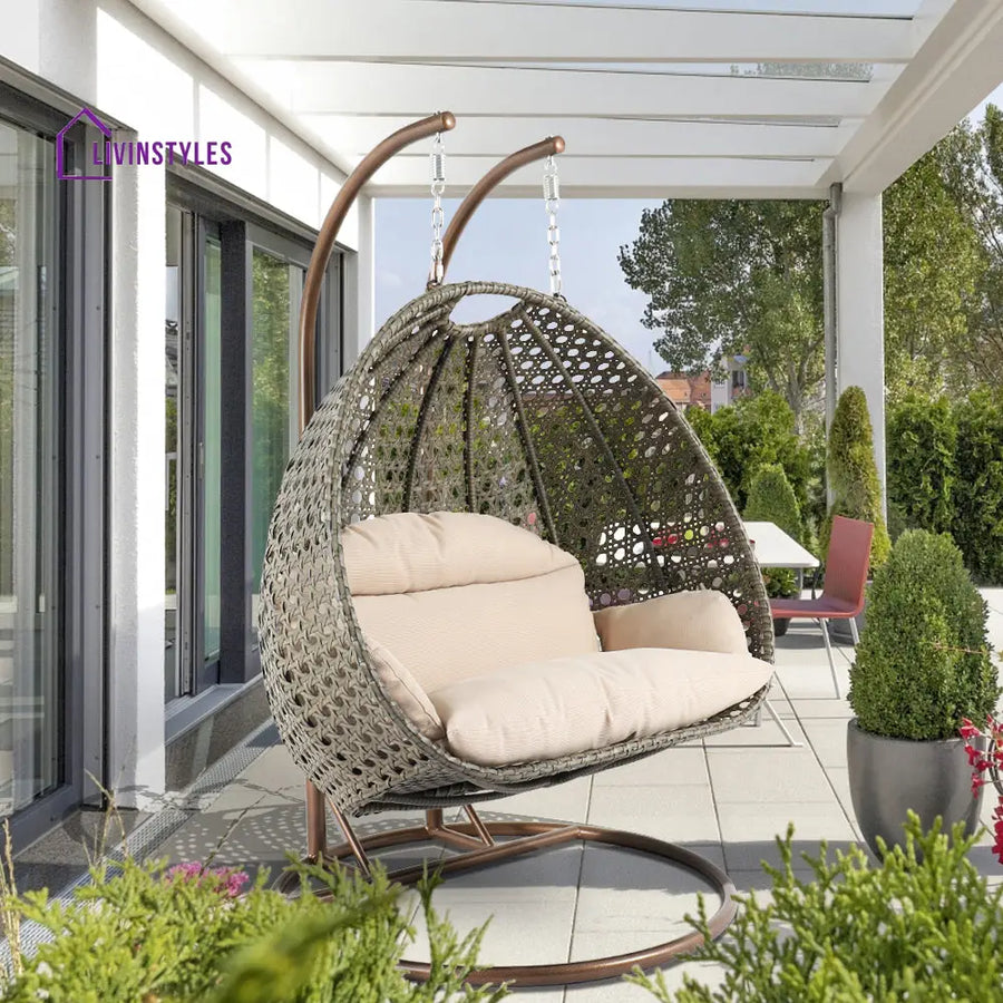Marco Double Seater Hanging Swing With Stand For Balcony Garden Swing (Dark Grey) - Beige - Swings