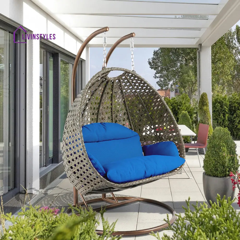 Marco Double Seater Hanging Swing With Stand For Balcony Garden Swing (Dark Grey) - Blue - Swings