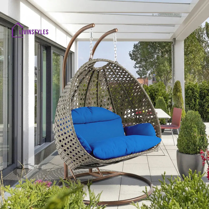 Marco Double Seater Hanging Swing With Stand For Balcony Garden Swing (Dark Grey) - Blue - Swings