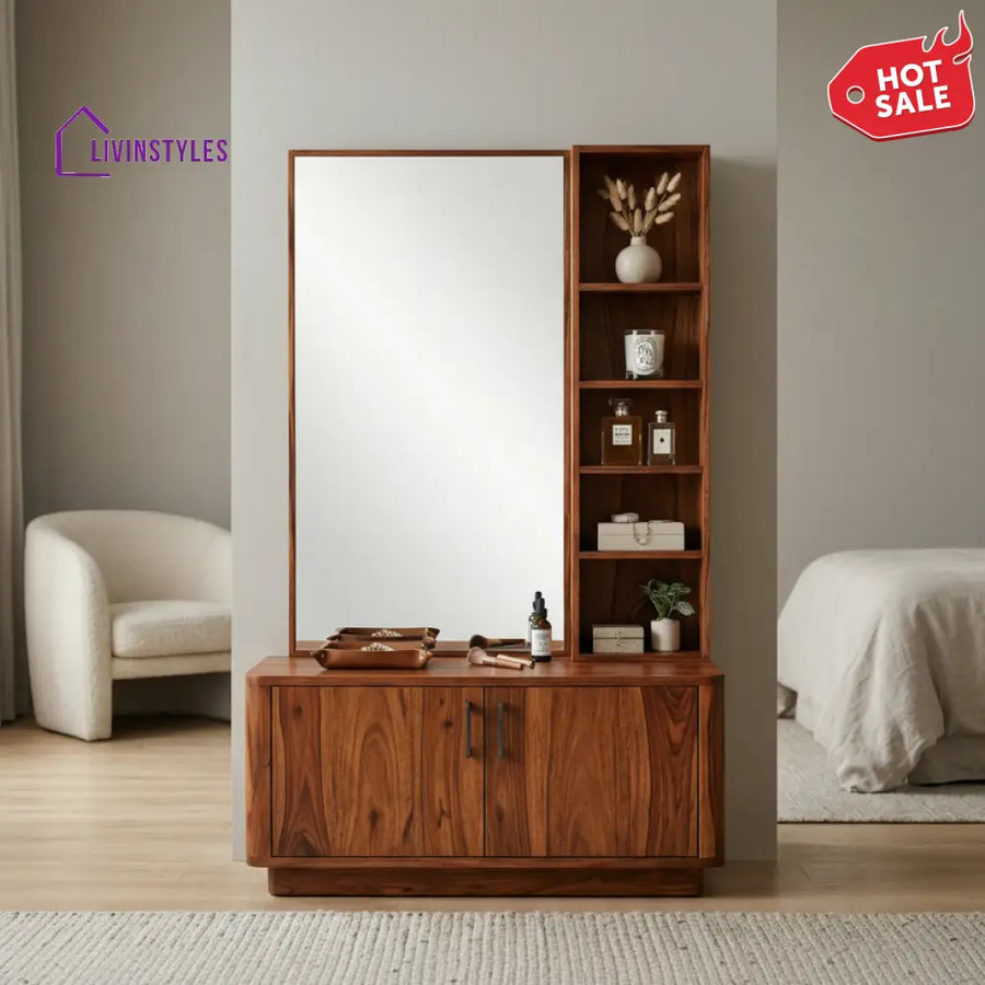 Marcus Sheesham Wood Dressing Table with Mirror and Storage (Honey Finish)