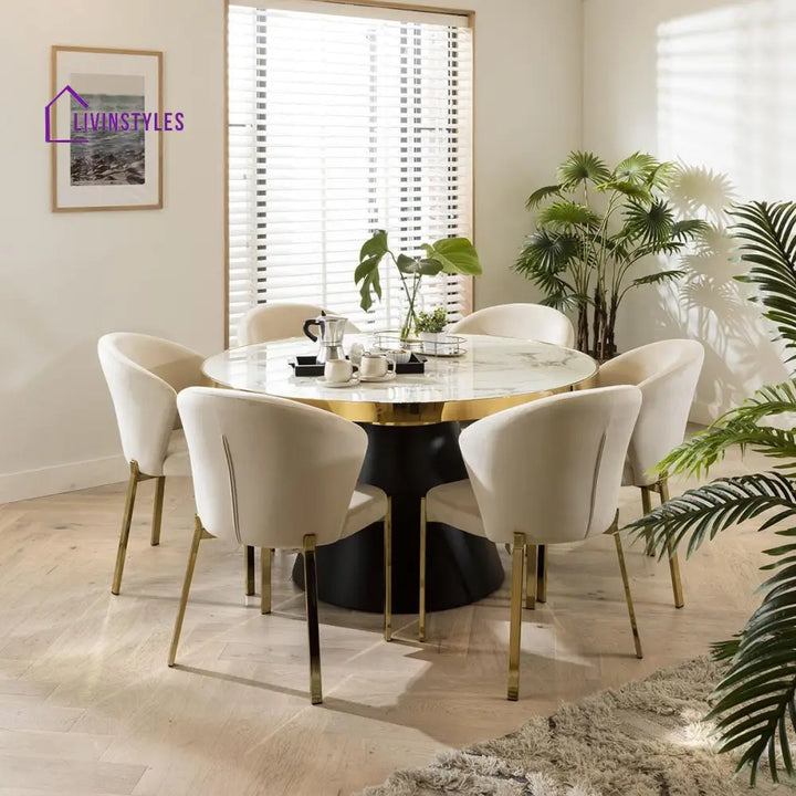 Margarita Round Marble Dining Table & Cream Velvet Chairs 6 Seater Dining Set Dining Room / Dining Sets