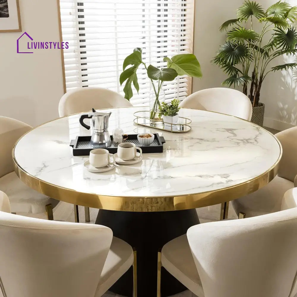 Margarita Round Marble Dining Table & Cream Velvet Chairs 6 Seater Dining Set Dining Room / Dining Sets