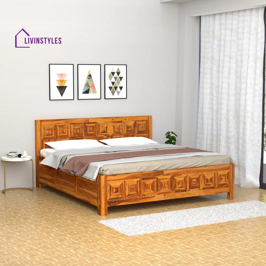 Margarita Sheesham Wood Bed in Light Honey Finish With Box Storage King (78 L x 72 W Inch)