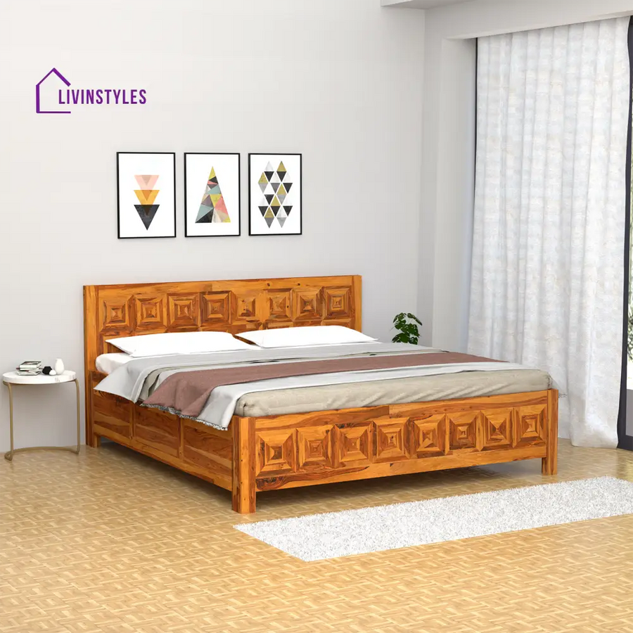 Margarita Sheesham Wood Bed in Light Honey Finish With Box Storage King (78 L x 72 W Inch)