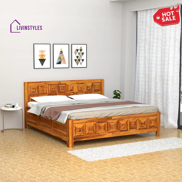 Margarita Sheesham Wood Bed in Light Honey Finish With Box Storage King (78 L x 72 W Inch)
