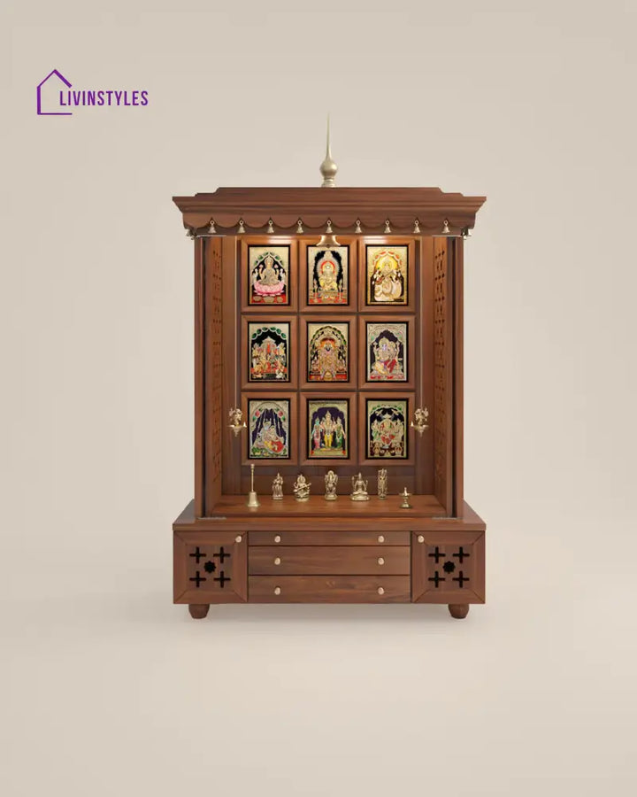 Maria Large Wooden Pooja Mandir for Home | Handcrafted Home Temple - Honey