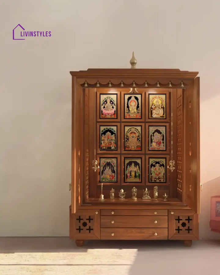Maria Large Wooden Pooja Mandir for Home | Handcrafted Home Temple - Honey