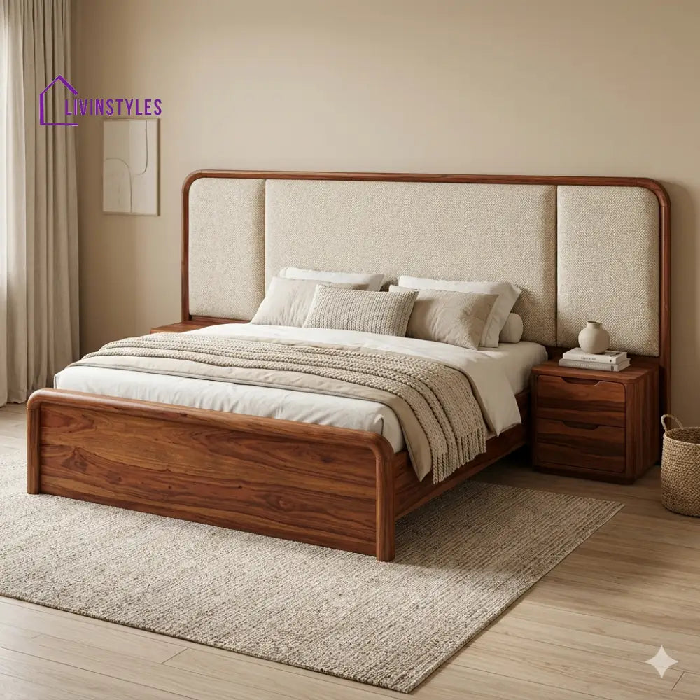 Maria Premium Sheesham Wood Bed with Velvet Headboard
