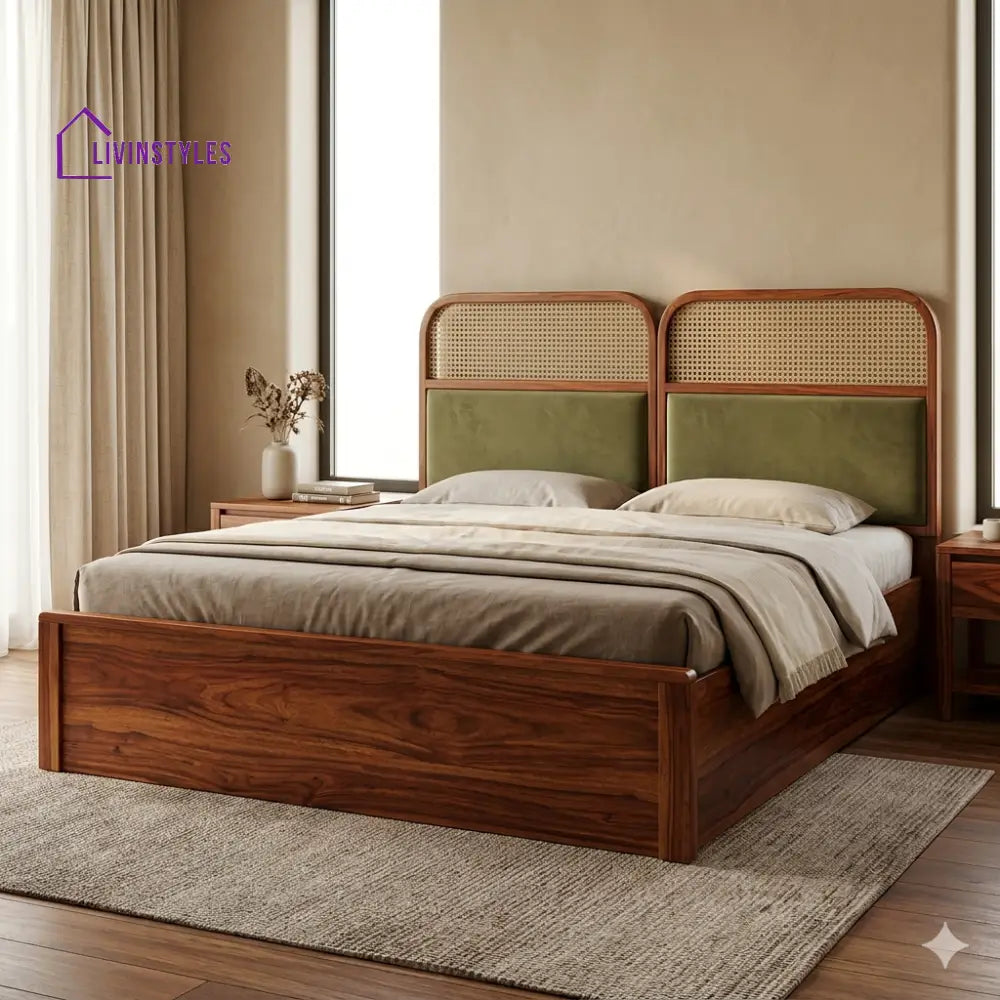 Maria Premium Sheesham Wood Bed with Velvet Headboard