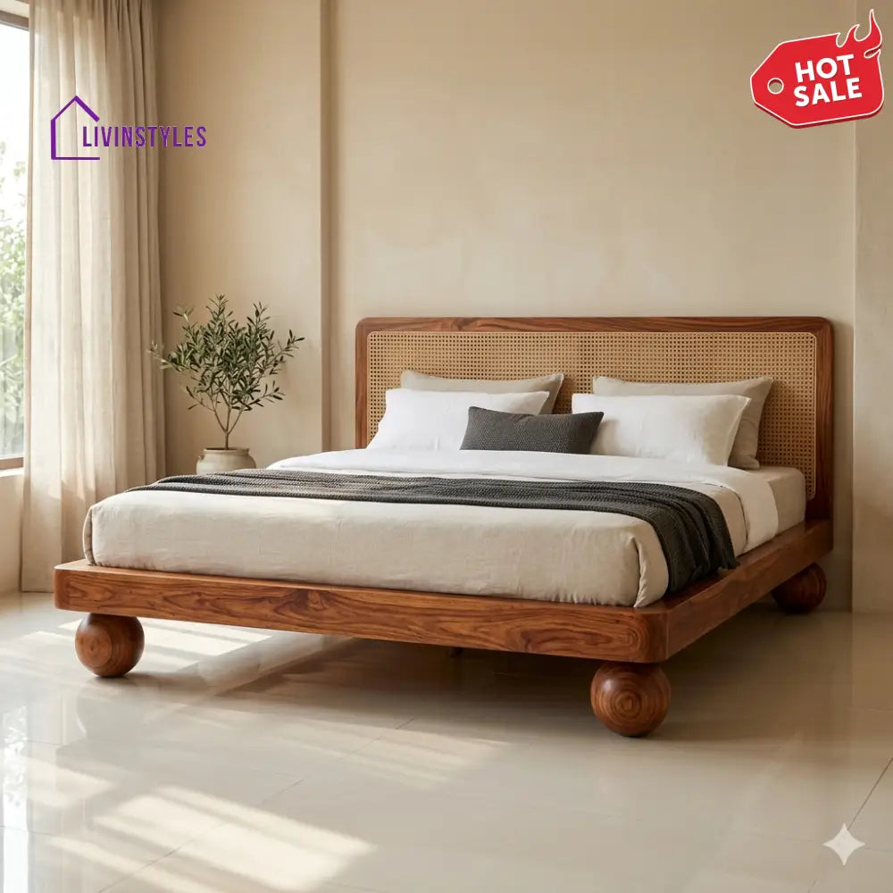 Maria Sheesham Wood Bed with Ball Shaped Legs and Cane Weaving Headboard