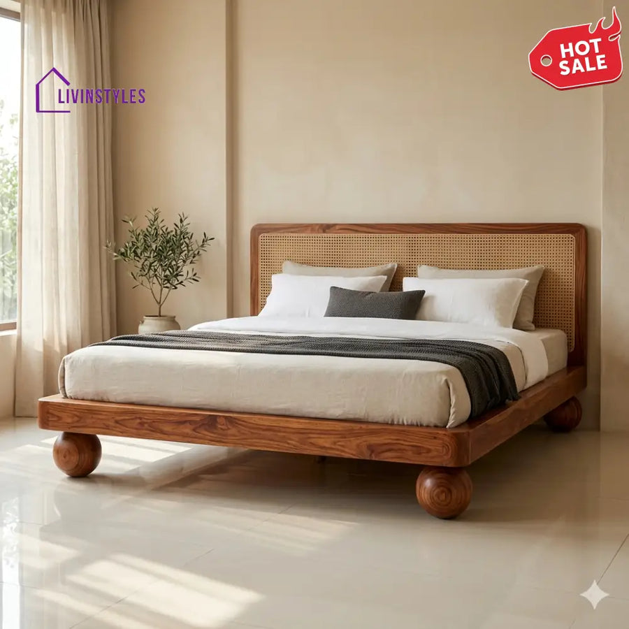 Maria Sheesham Wood Bed with Ball Shaped Legs and Cane Weaving Headboard