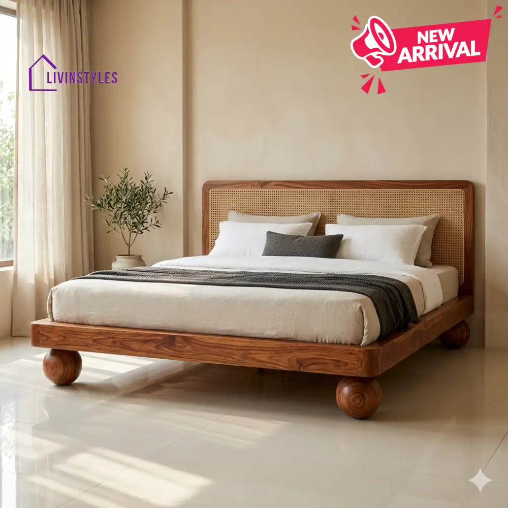 Maria Sheesham Wood Bed with Ball Shaped Legs and Cane Weaving Headboard
