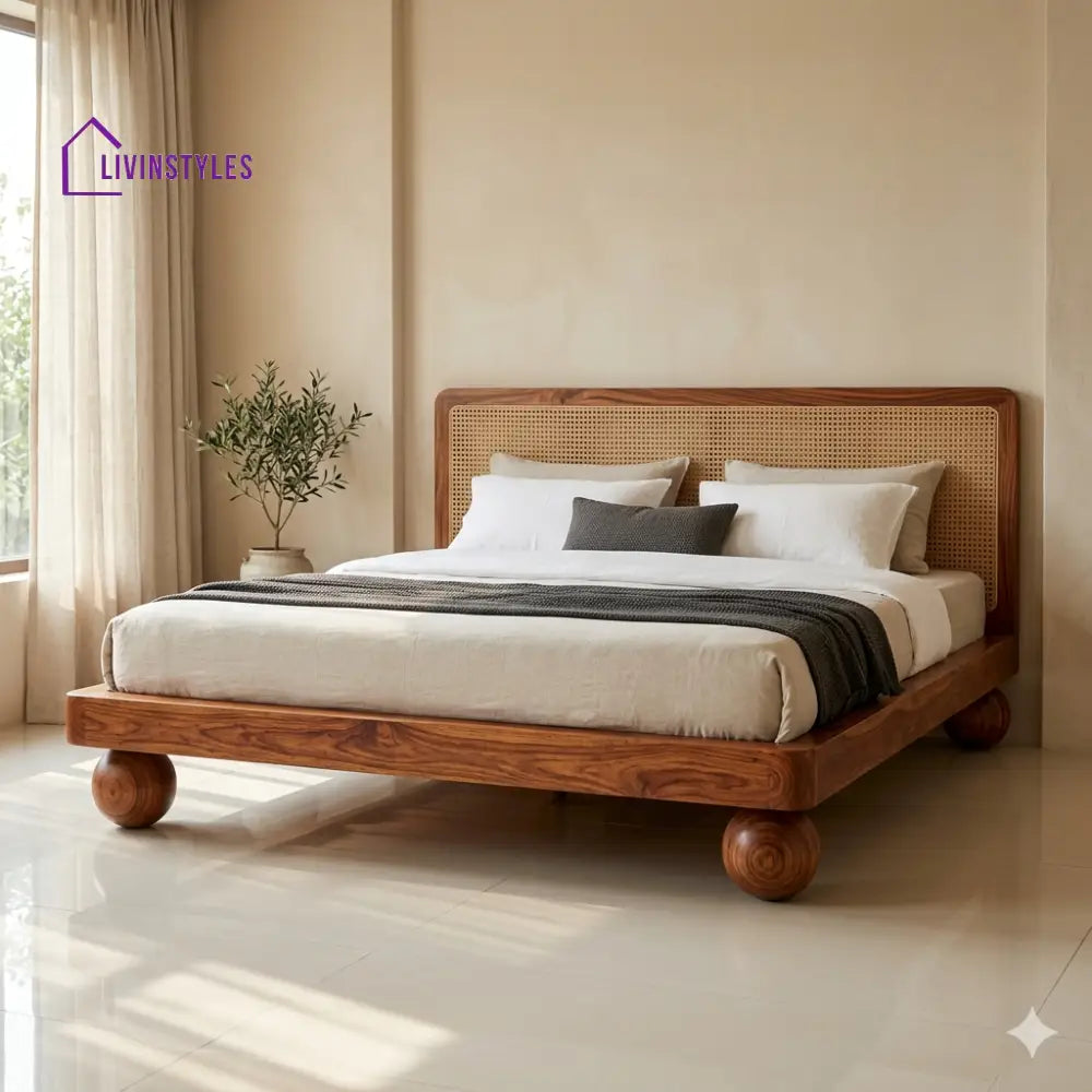 Maria Sheesham Wood Bed with Ball Shaped Legs and Cane Weaving Headboard