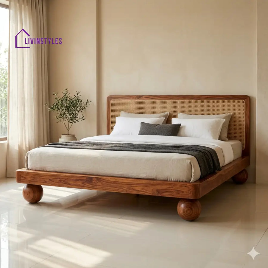 Maria Sheesham Wood Bed with Ball Shaped Legs and Cane Weaving Headboard