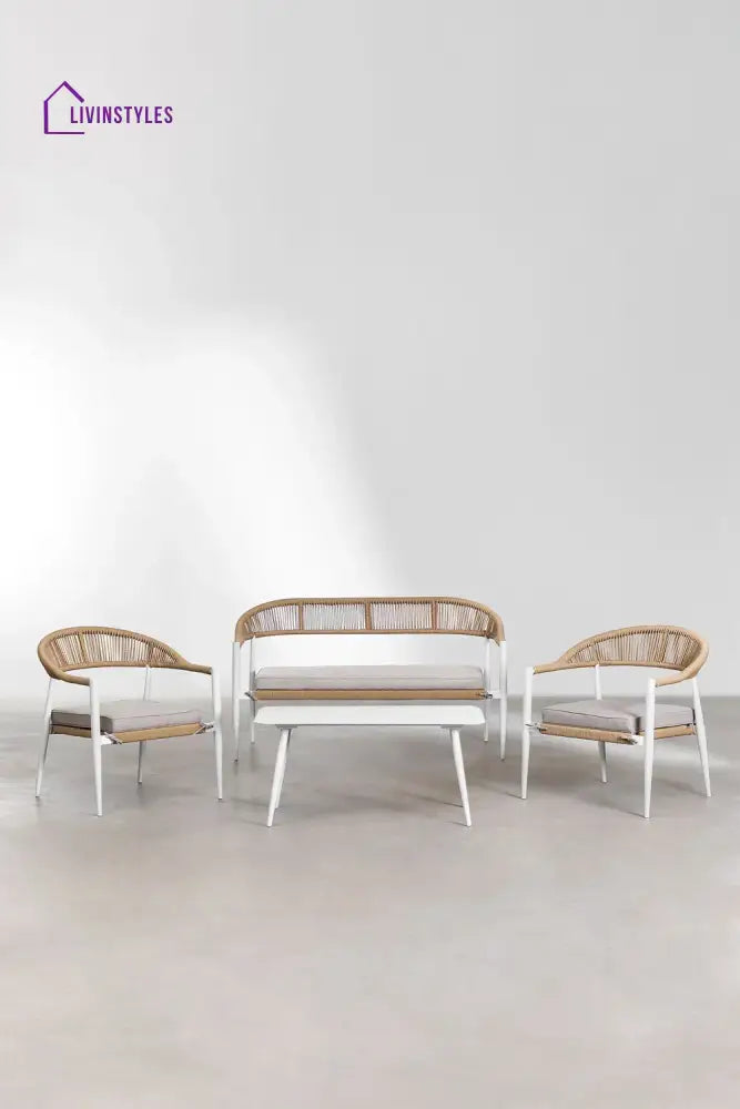 Marianela Outdoor Sofa Set 2 Seater 2 Single seater and 1 Center Table Set (White + Brown) Braided & Rope - Sofa Sets