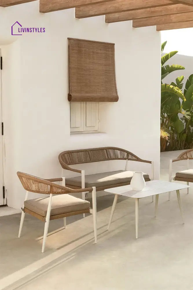 Marianela Outdoor Sofa Set 2 Seater 2 Single seater and 1 Center Table Set (White + Brown) Braided & Rope - Sofa Sets