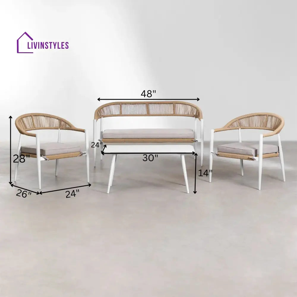Marianela Outdoor Sofa Set 2 Seater 2 Single seater and 1 Center Table Set (White + Brown) Braided & Rope - Sofa Sets