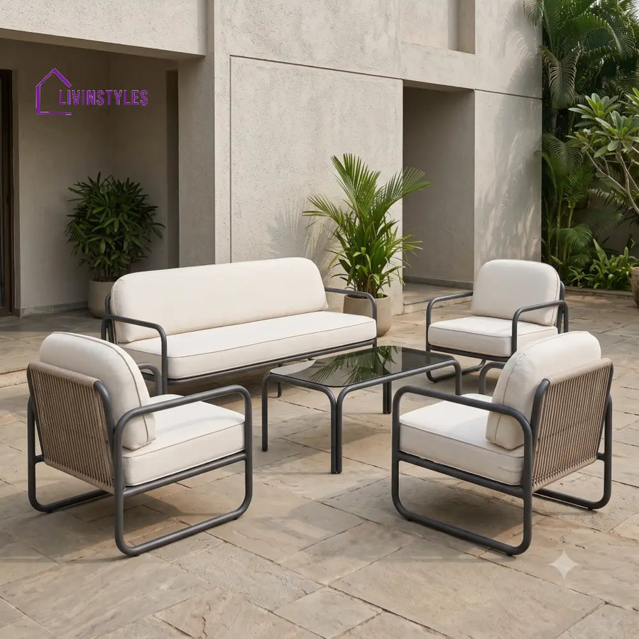 Marielle Metal Frame and Rope Weaving Outdoor Sofa Set 3 + 1 +1 and Coffee Table | Premium Uphostery