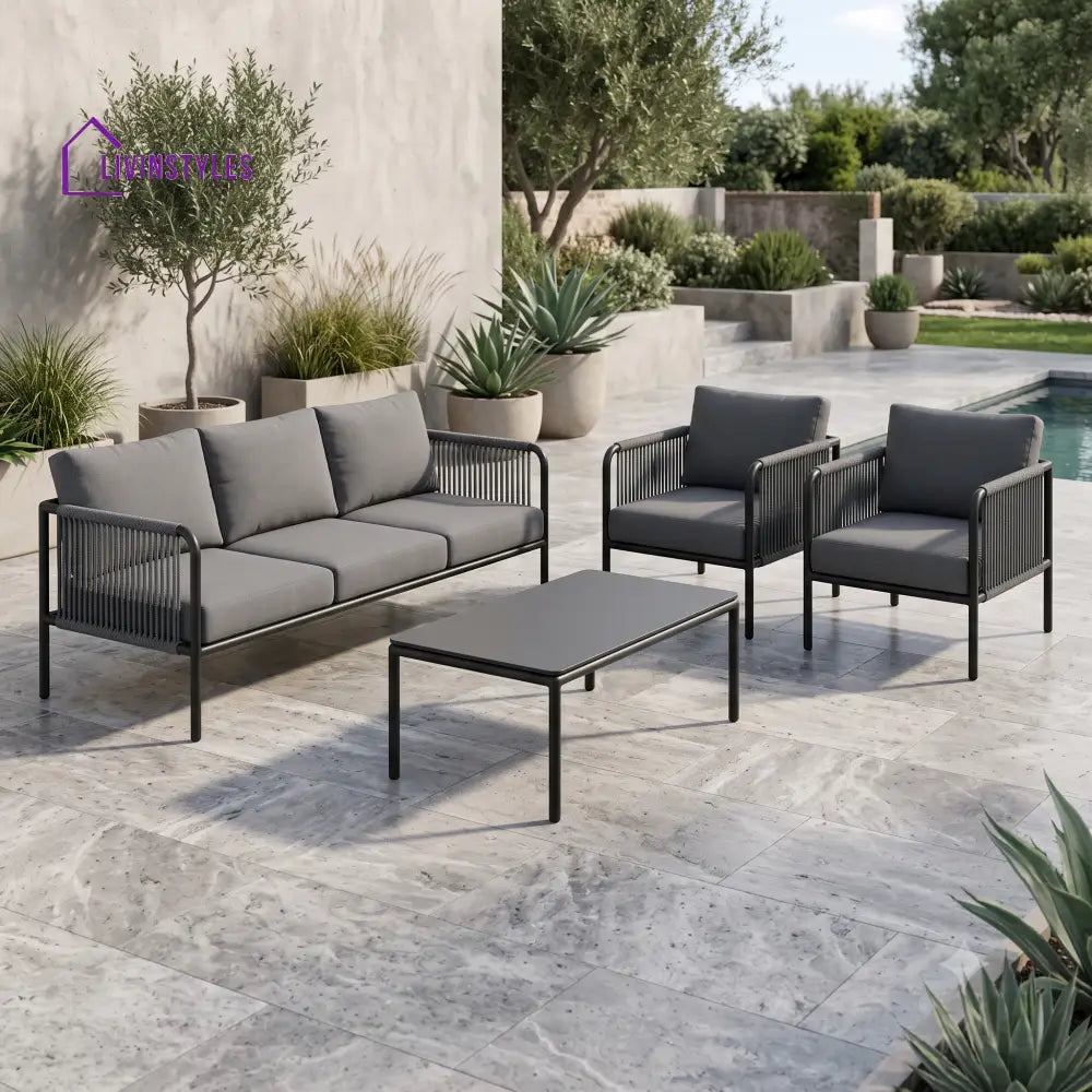 Marilou Metal Frame and Rope Weaving Outdoor Sofa Set 3 + 1 +1 and Coffee Table | Premium Uphostery