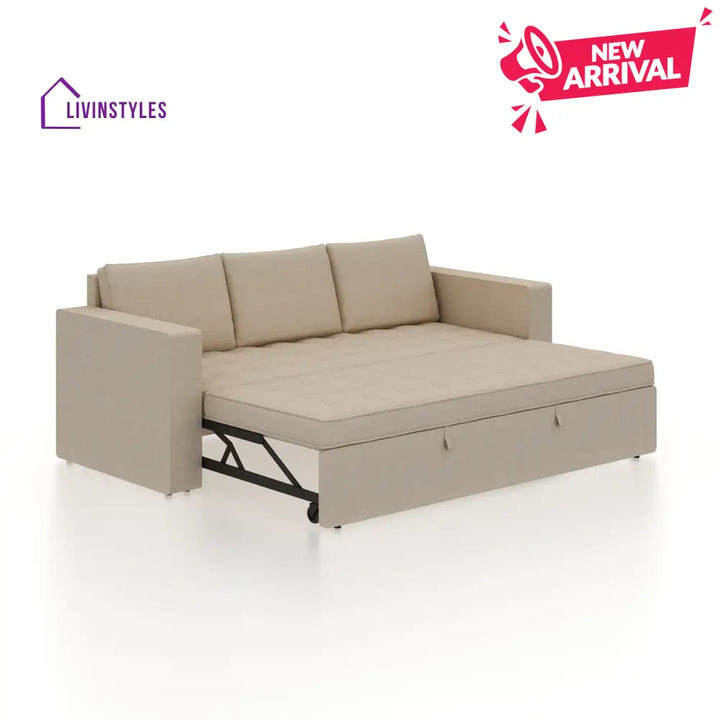 Mario Three Seater Upholstered Sofa Cum Bed Velvet - 12 Months Warranty - CREAM - Seasame - Sofa Cum Bed