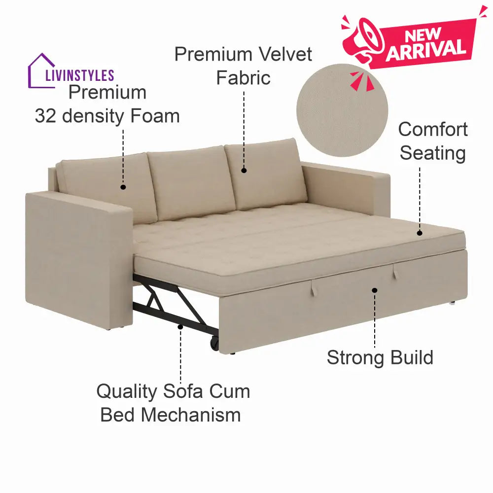 Mario Three Seater Upholstered Sofa Cum Bed Velvet - 12 Months Warranty - CREAM - Seasame - Sofa Cum Bed