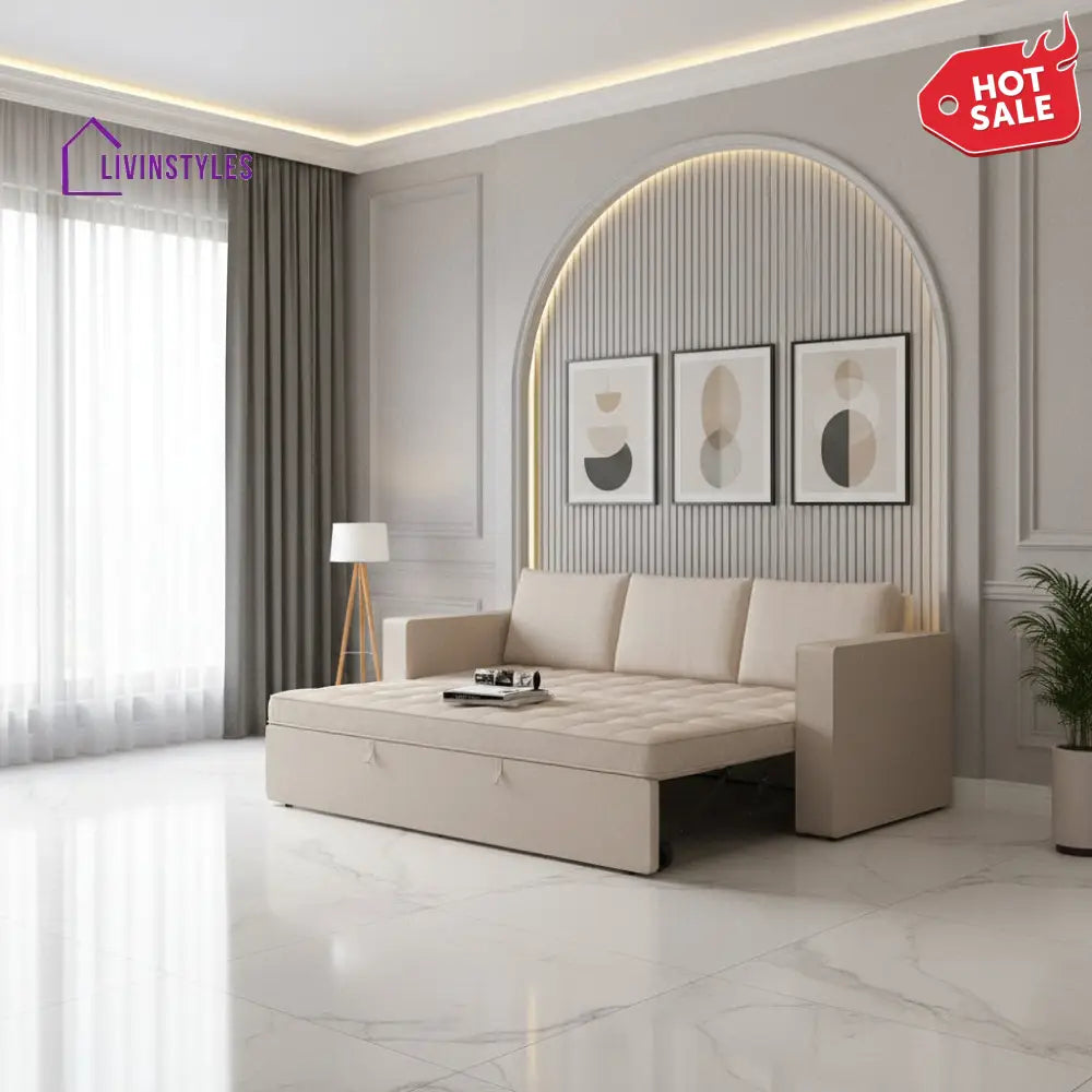 Mario Three Seater Upholstered Sofa Cum Bed Velvet - 12 Months Warranty - CREAM - Seasame - Sofa Cum Bed