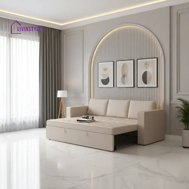 Mario Three Seater Upholstered Sofa Cum Bed Velvet - 12 Months Warranty - CREAM - Seasame - Sofa Cum Bed