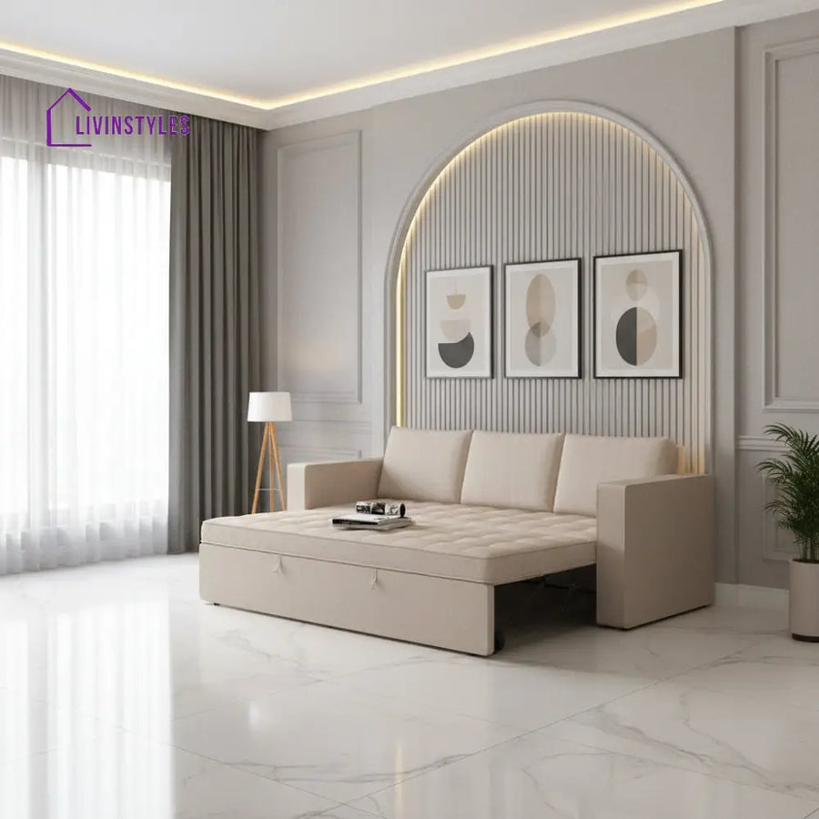 Mario Three Seater Upholstered Sofa Cum Bed Velvet - 12 Months Warranty - CREAM - Seasame - Sofa Cum Bed